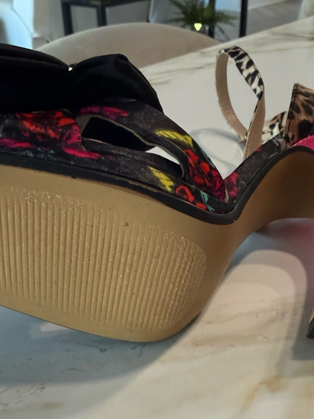 Betsey Johnson Black Beaded Bow Leopard-Ankle Sandals with Hot Pink Heel - Picture 5 of 6
